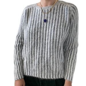 Womens Angora Blend Gray White Stripe Fluffy Fuzzy Soft Crewneck Preppy Sweater